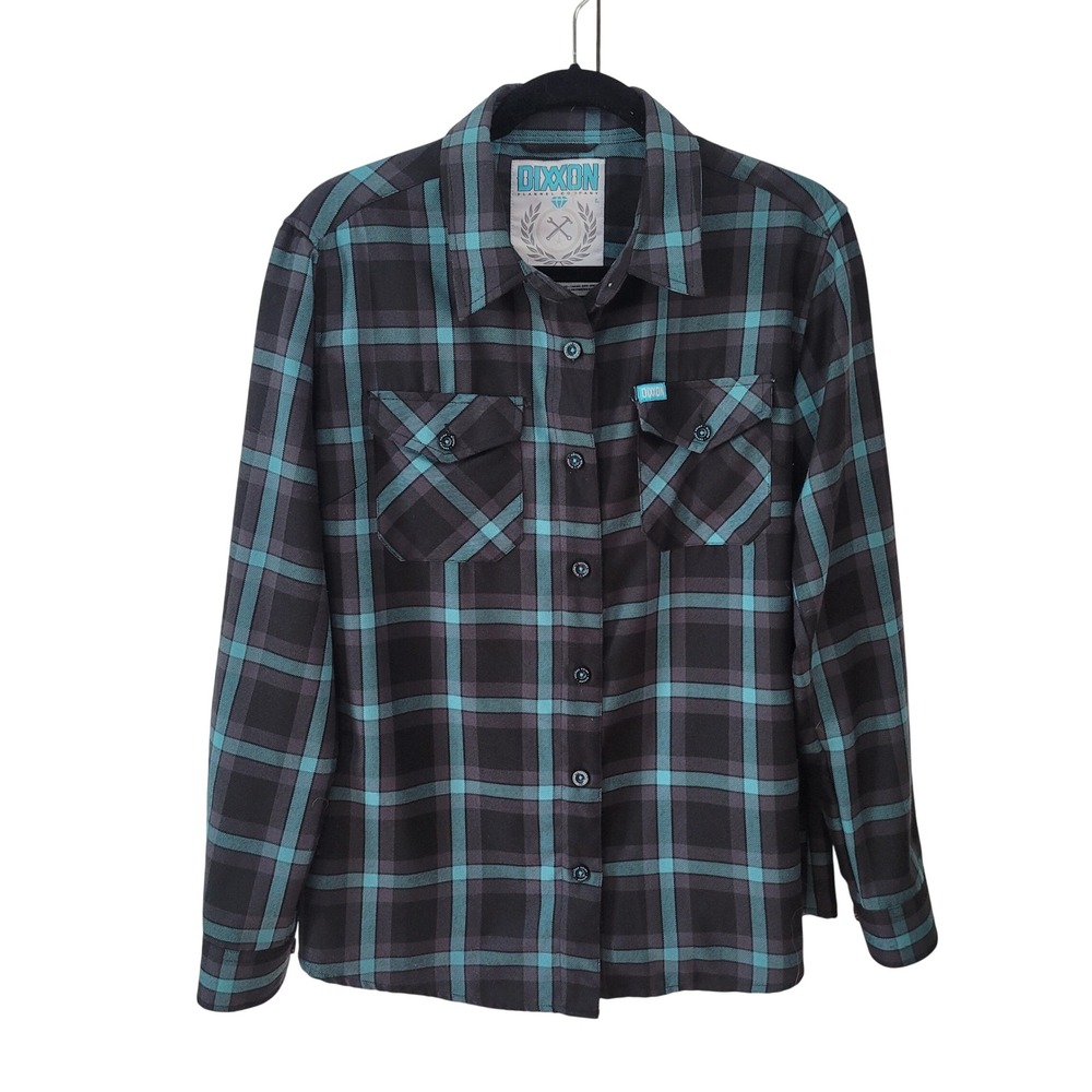 Dixxon Large Union Square‎ Flannel Women Teal Grey Plaid Button Down Shirt